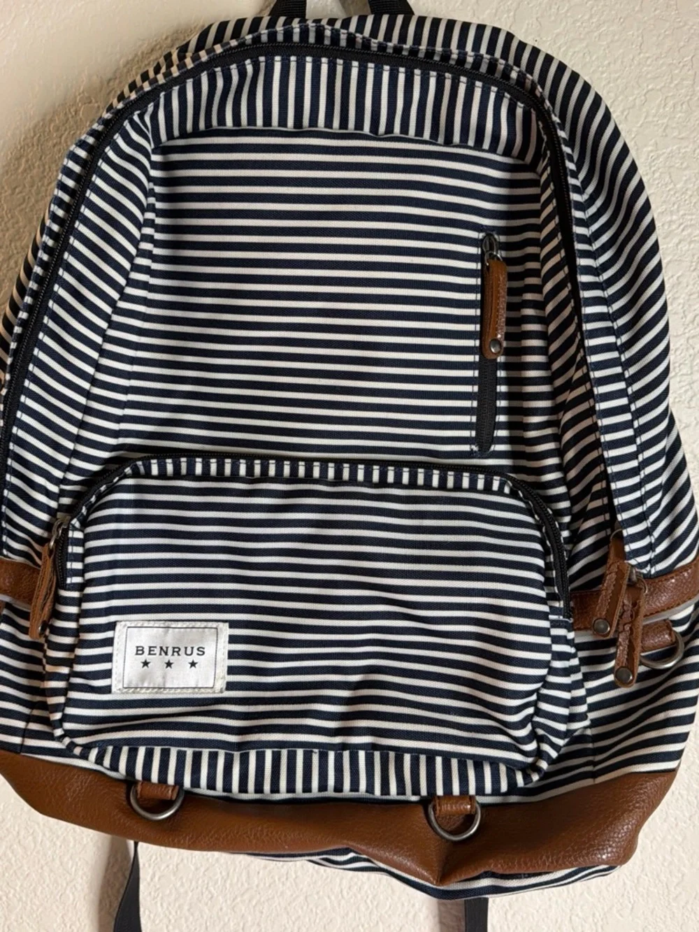 Benrus Navy & White Striped Backpack with Brown Trim